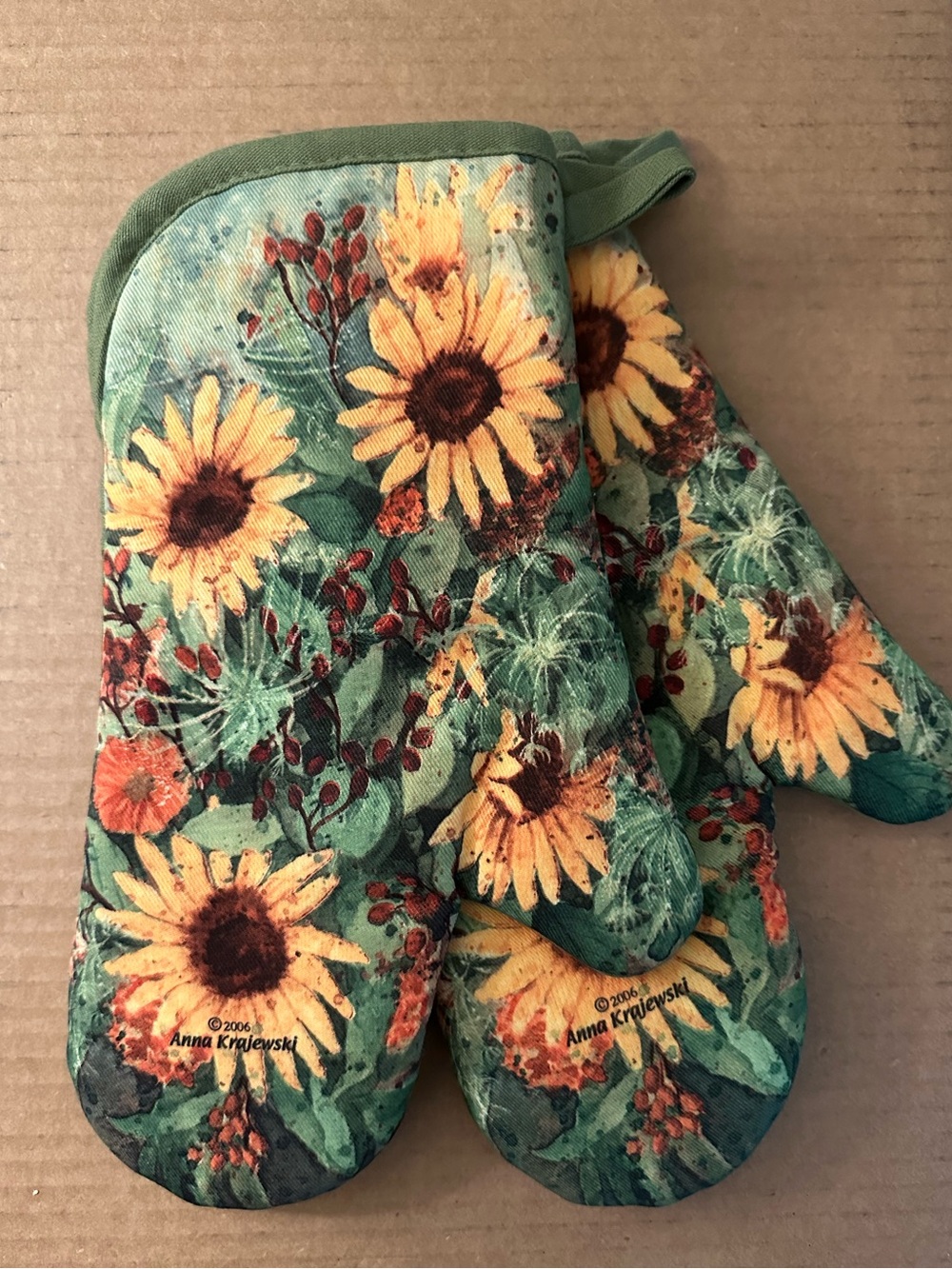 Sunflower Floral Oven Mitts in Green by Anna Krajewski
